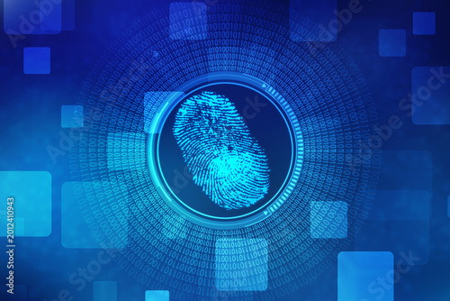 Abstract security system concept with fingerprint on technology background, Fingerprint Scanning Identification System. Biometric Authorization and Business Security Concept