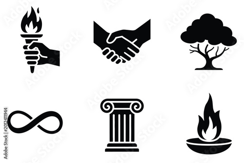 Obraz na plátne Legacy and leadership icon set featuring torch, handshake, tree, infinity, colum
