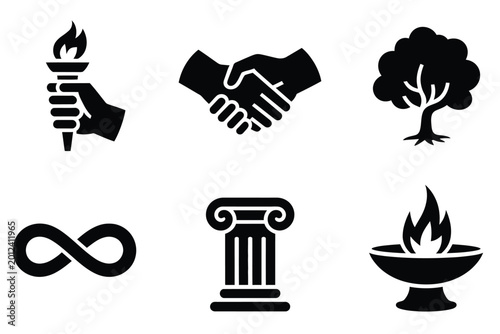 Bild auf Leinwand Legacy and leadership icon set featuring torch, handshake, tree, infinity, colum