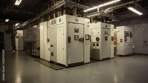 Industrial electrical switchgear control panels and equipment lining a data center or server room, providing essential power distribution and management for robust modern infrastructure