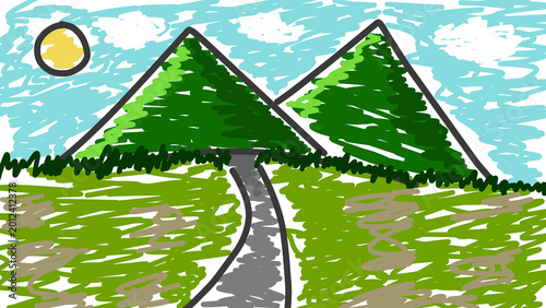 Cuadro en lienzo Childish digital scribble drawing of a mountain landscape with a winding road, green fields, sun, and clouds