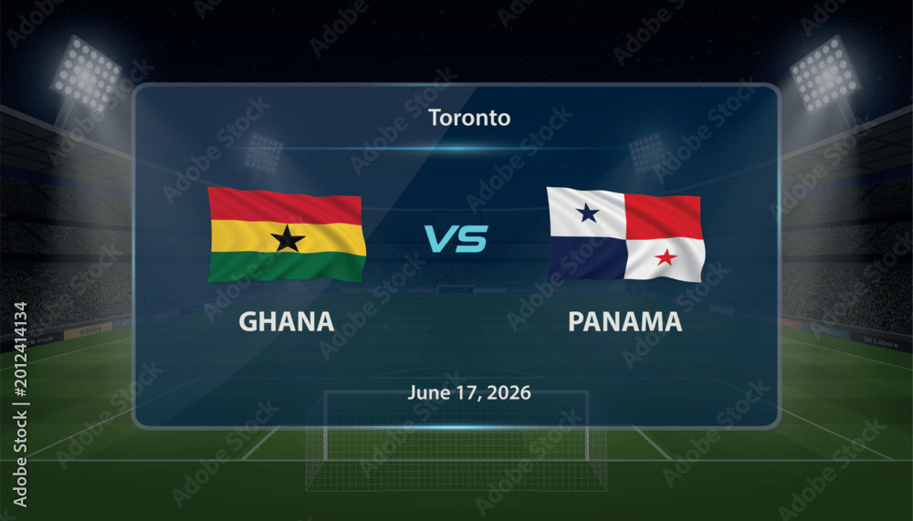 Αυτοκόλλητο Ghana vs Panama football match scoreboard with illuminated arena background