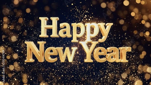 Happy New Year Golden Text with Sparkling Fireworks and Bokeh Lights.