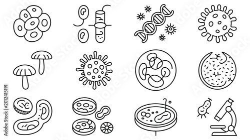 Tableau sur toile Microbiology and bacteriology line icon set featuring virus, bacteria, cells, an
