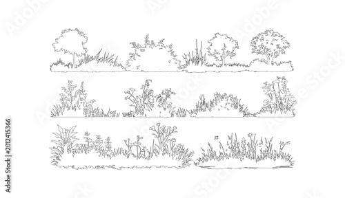 Hand drawn architectural vegetation set, minimalist outline trees and bushes vector, black and white landscape plant sketches for site plans