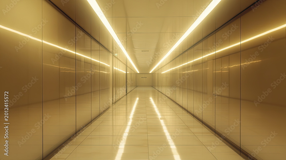 Fototapeta premium Empty futuristic corridor illuminated by bright yellow light lines, creating an abstract tunnel effect with reflective surfaces, representing concepts of progress and technology