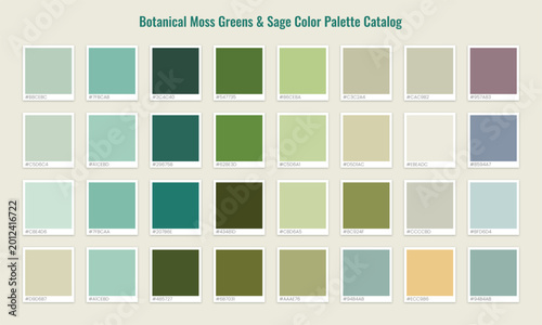 Botanical Moss Greens & Sage Color Palette Catalog, 32 Organic Earth Tones & Eco-Friendly Color Swatches Set