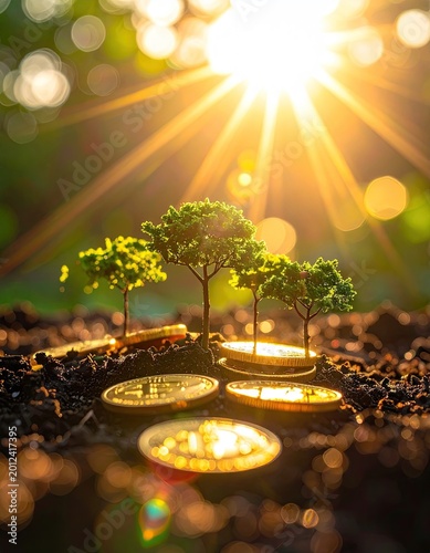 Tiny trees sprout from golden coins in soil, bathed in warm sun rays