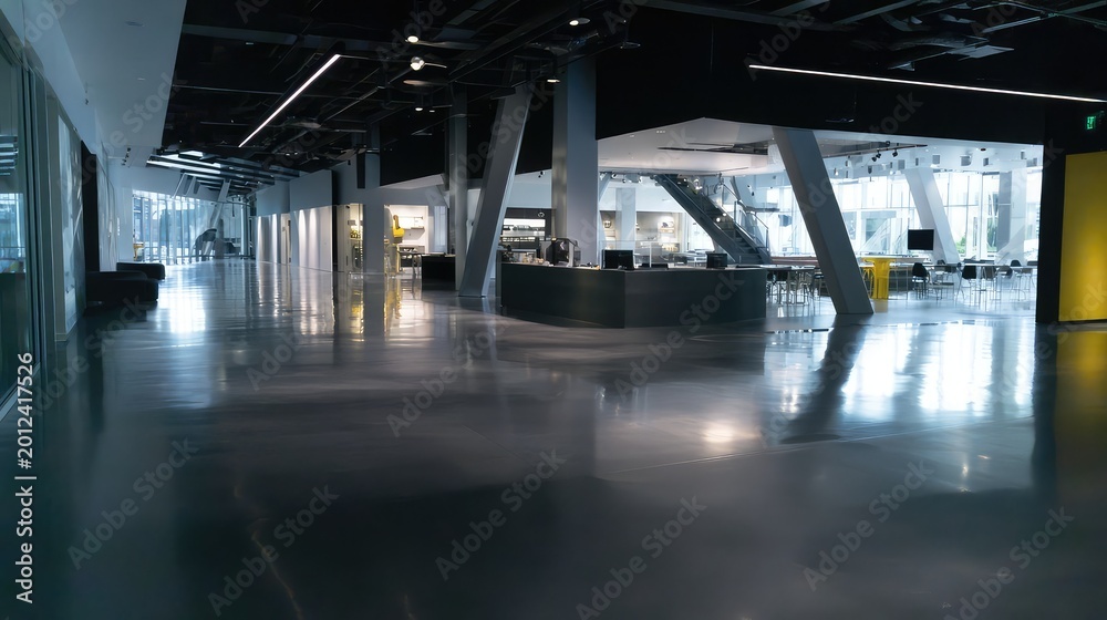 Fototapeta premium Spacious corporate environment with sleek, modern architecture, featuring a polished concrete floor reflecting light, open plan areas, and a minimalist design ideal for business and office concepts