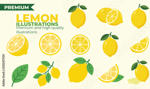 Tableau sur toile Fresh lemon fruit illustration pack with sliced, whole and wedge citrus elements