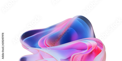 Abstract flowing transparent glass waves with vibrant pink and blue gradient 3D render background.
