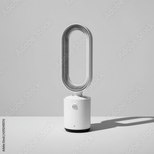 Sleek, modern white bladeless fan on a minimalist stand with oval aperture