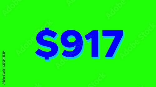 Animated Dollar Counter Counting Up to 2000 Dollars on Green Screen