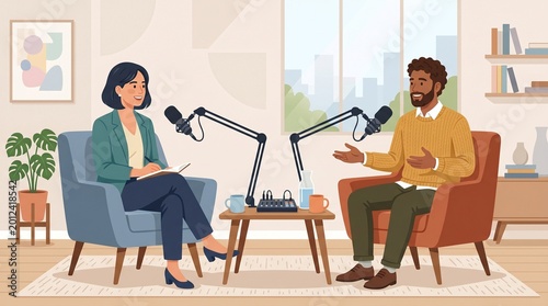Engaging professional podcast interview with a host and guest discussing important topics in a modern studio setting, fostering insightful communication