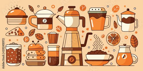 Bild auf Leinwand Coffee time objects set with espresso machine, cups, pots, and treats vector ill