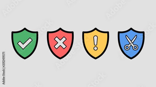 Bild auf Leinwand Four shield icons with checkmark cross exclamation mark and scissors high qualit