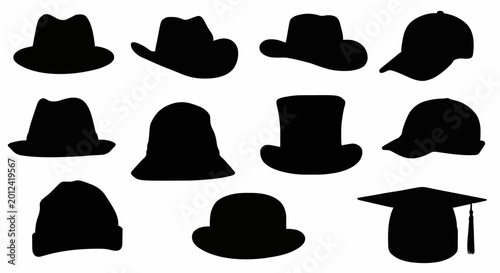 Set of vector silhouettes of hats, isolated on white background