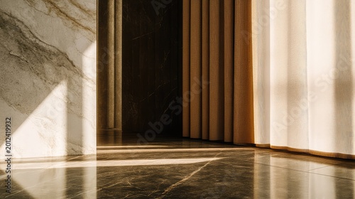 Minimalist interior showcasing luxurious marble walls and floor with warm brown curtains, accentuating the natural sunlight streaming through and casting striking shadows across the polished surface