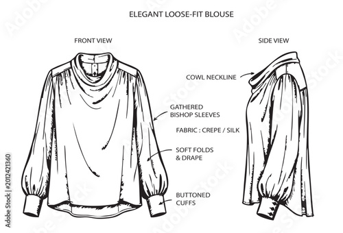 Photos Elegant loose-fit blouse with cowl neckline and gathered bishop sleeves
