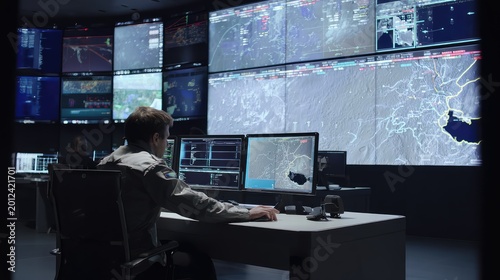 Security professional sitting at a desk, intently working on computer screens in a dark control room with large video walls displaying data, maps, and surveillance feeds