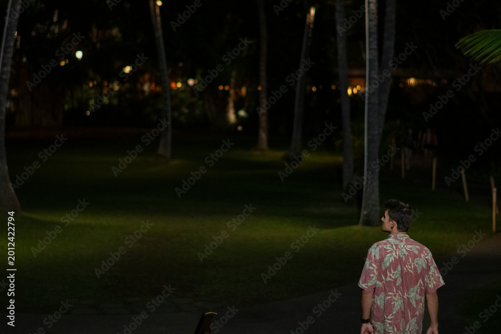 Obraz premium Man standing in Royal Hawaiian courtyard with palms at night
