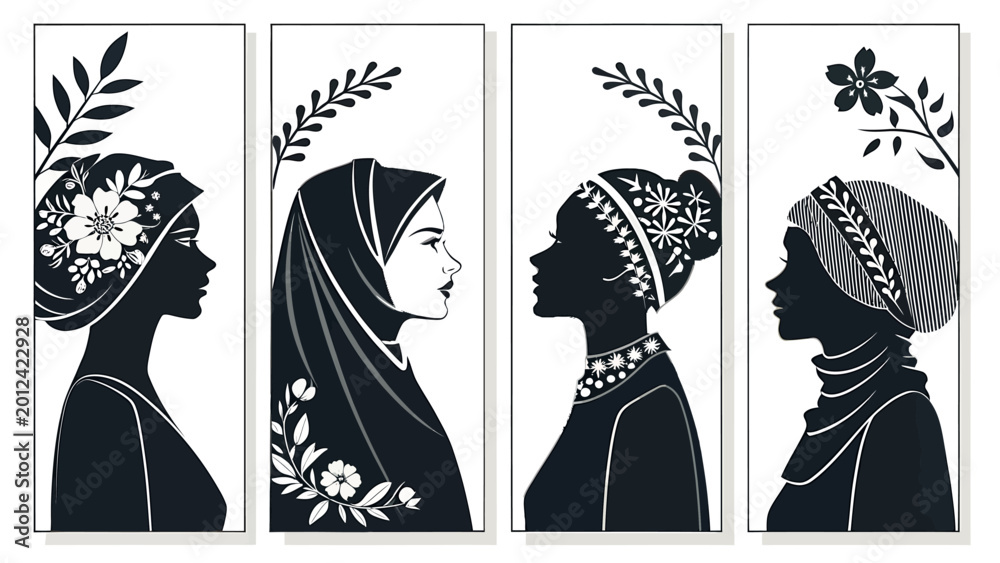 Obraz premium Four diverse women wearing headscarves and floral patterns in silhouette on white background