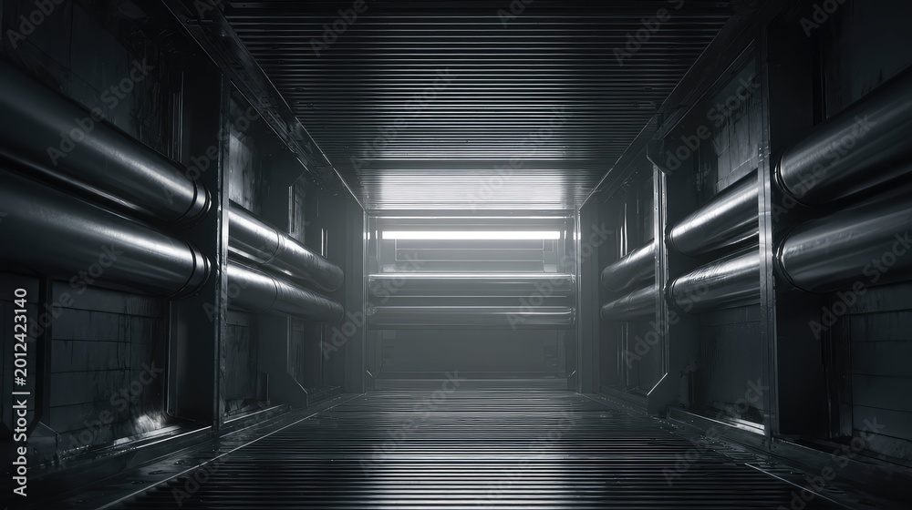 Fototapeta premium Dark, empty futuristic industrial corridor leading towards a bright light source, featuring complex metallic pipes running along the sidewalls and a ribbed ceiling and floor