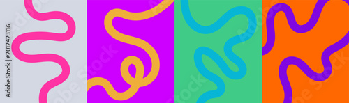 Four brightly colored squares with wavy lines creative modern art design backgrounds.