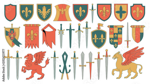 Tableau sur toile Collection of heraldic shields swords and mythical creatures in a flat vector il