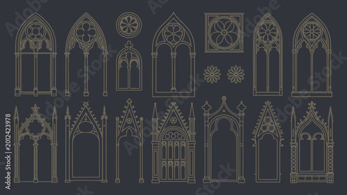 Photos collection of gothic arched windows and rose windows line drawing style on dark