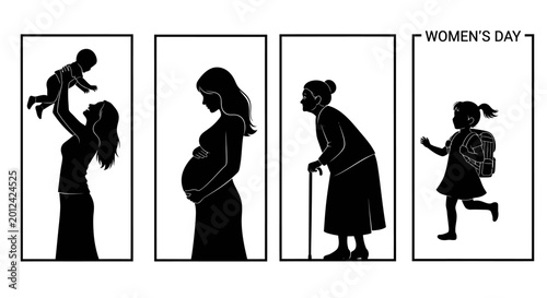 Women's day silhouette illustrations of female life stages and empowerment