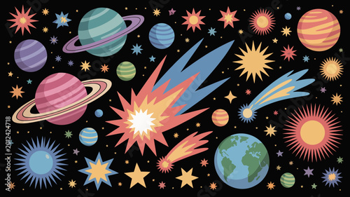Фотография Colorful illustration of planets stars comets and celestial bodies against a bla