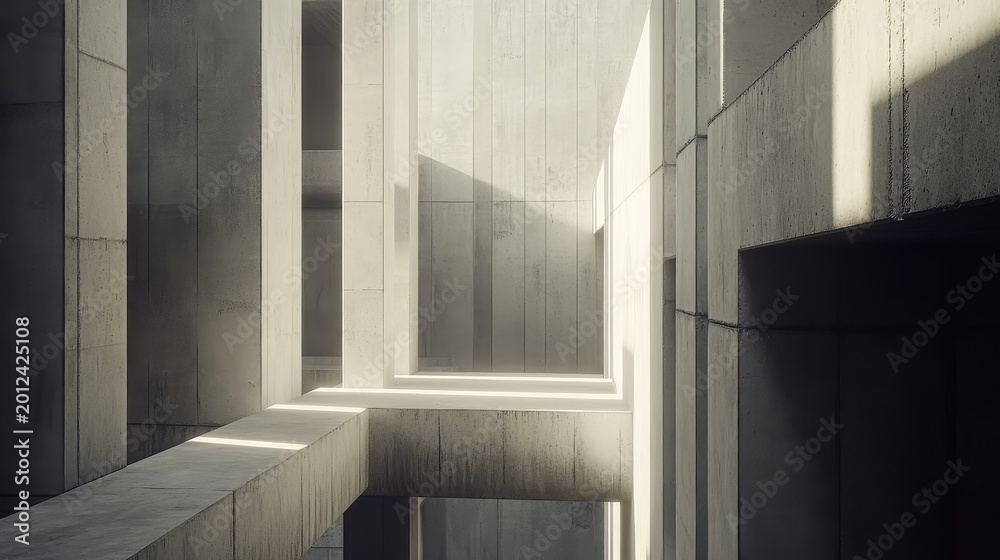 Fototapeta premium Abstract brutalist architecture featuring geometric shapes and a long corridor structure, contrasting light and shadow on grey concrete surfaces creating a minimalist urban environment