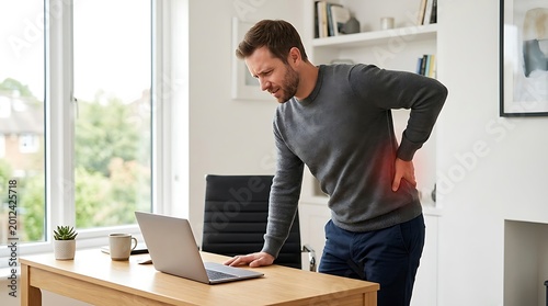 Lower back pain and spinal discomfort, man suffering from lumbar ache while working at home office desk, ergonomic health and posture concept
