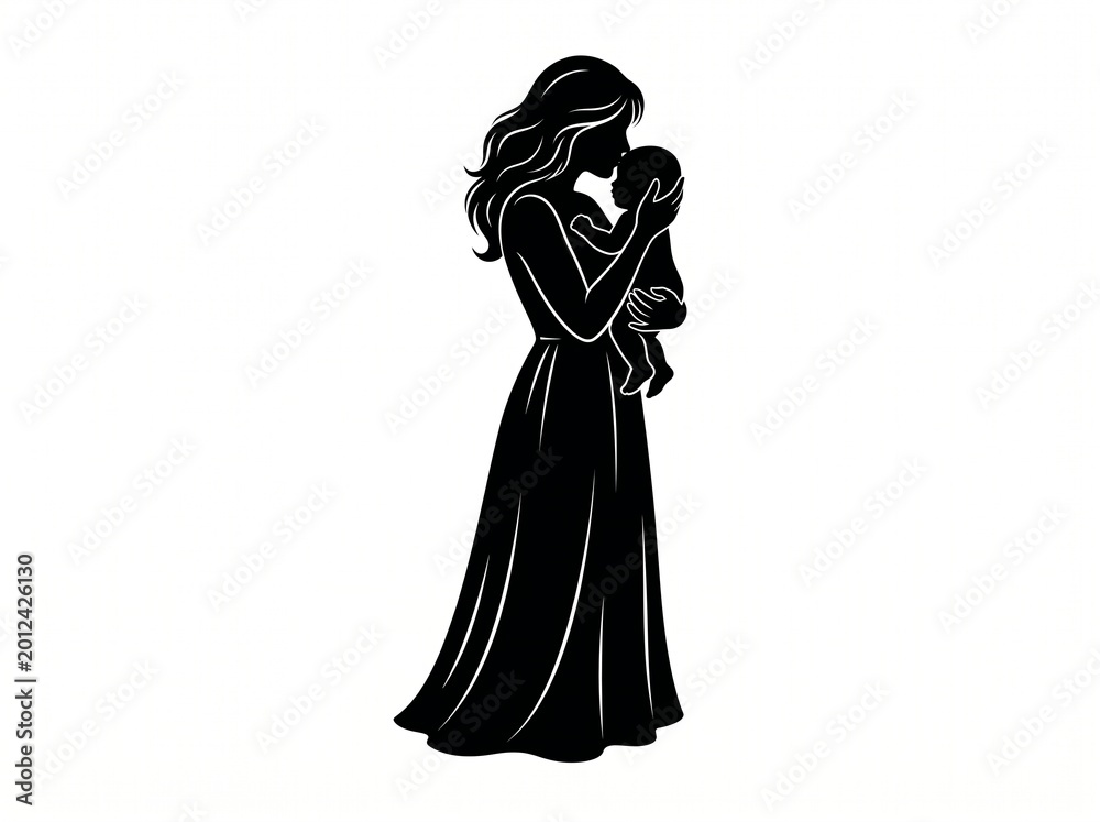 Fototapeta premium A high-contrast black and white silhouette vector depicting a tender moment between a mother and her infant. The illustration shows a woman in a long dress holding her baby close and gently kissing