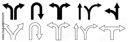 Fotografía Road traffic direction arrows flat set, U-turn, left, right, two-way, and three-