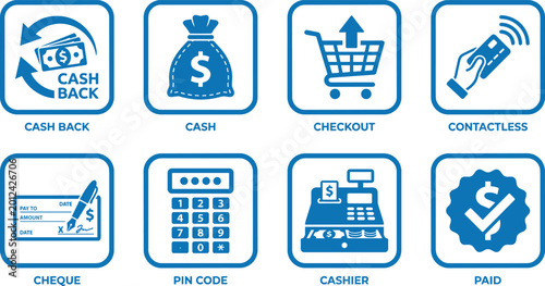 Fotografie Collection of blue finance icons featuring cash back money bag checkout contactless payment cheque pin code and cashier