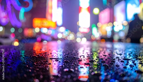 Abstract close up of tiny rain water drops scattered across a dark surface with glowing neon reflections from a night city, creating a moody futuristic background with soft light, wet texture, and atm