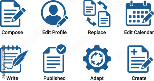 Fotografie Collection of blue icons for document management and creative tasks including compose edit profile replace and write