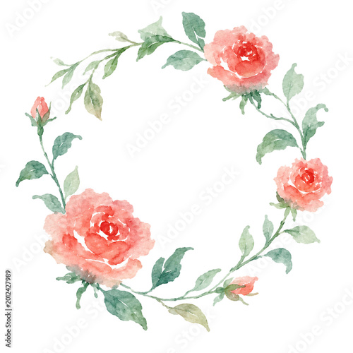 Watercolor Pink Rose Floral Wreath Round Frame Isolated on White Background