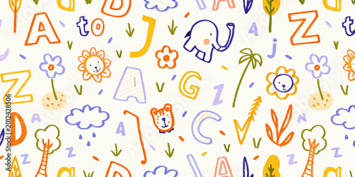 colorful alphabet pattern with illustrations and letters