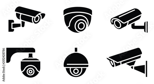 Cuadro en lienzo Security camera icon set, black CCTV surveillance vector symbols, 6 professional