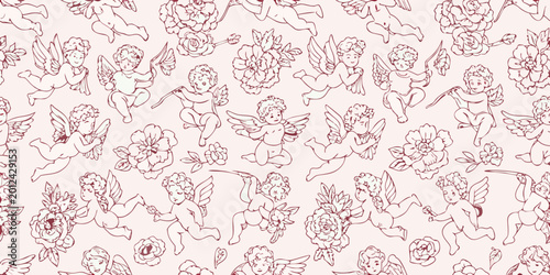 Foto Seamless vector pattern with cherubs roses and floral ornaments