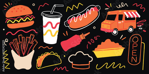 Obraz na płótnie Hand drawn fast food vector icons set with burger and truck