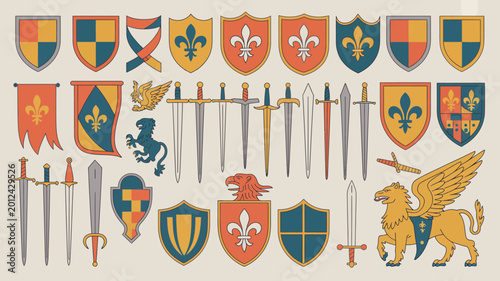 Fotografia Heraldic elements collection including shields swords and griffins vector illust