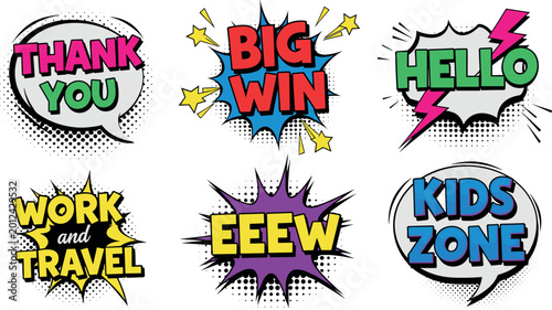 Quadro su tela Set of Colorful Pop Art Comic Speech Bubbles with Text Phrases Like Big Win and