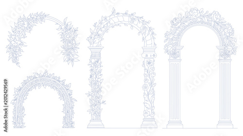 Obraz na plátně Floral archways and garden gates blue line art on a white background high qualit