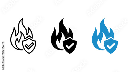 Fire protection shield icon set black blue and outline versions on white background high quality professional