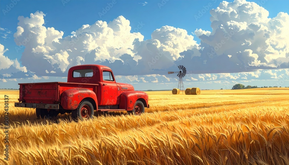 Fototapeta premium Rustic red truck in golden wheat field under a vast, cloudy sky