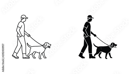 Man walking dog on leash icon set in clean line art and solid black silhouette style for pet care